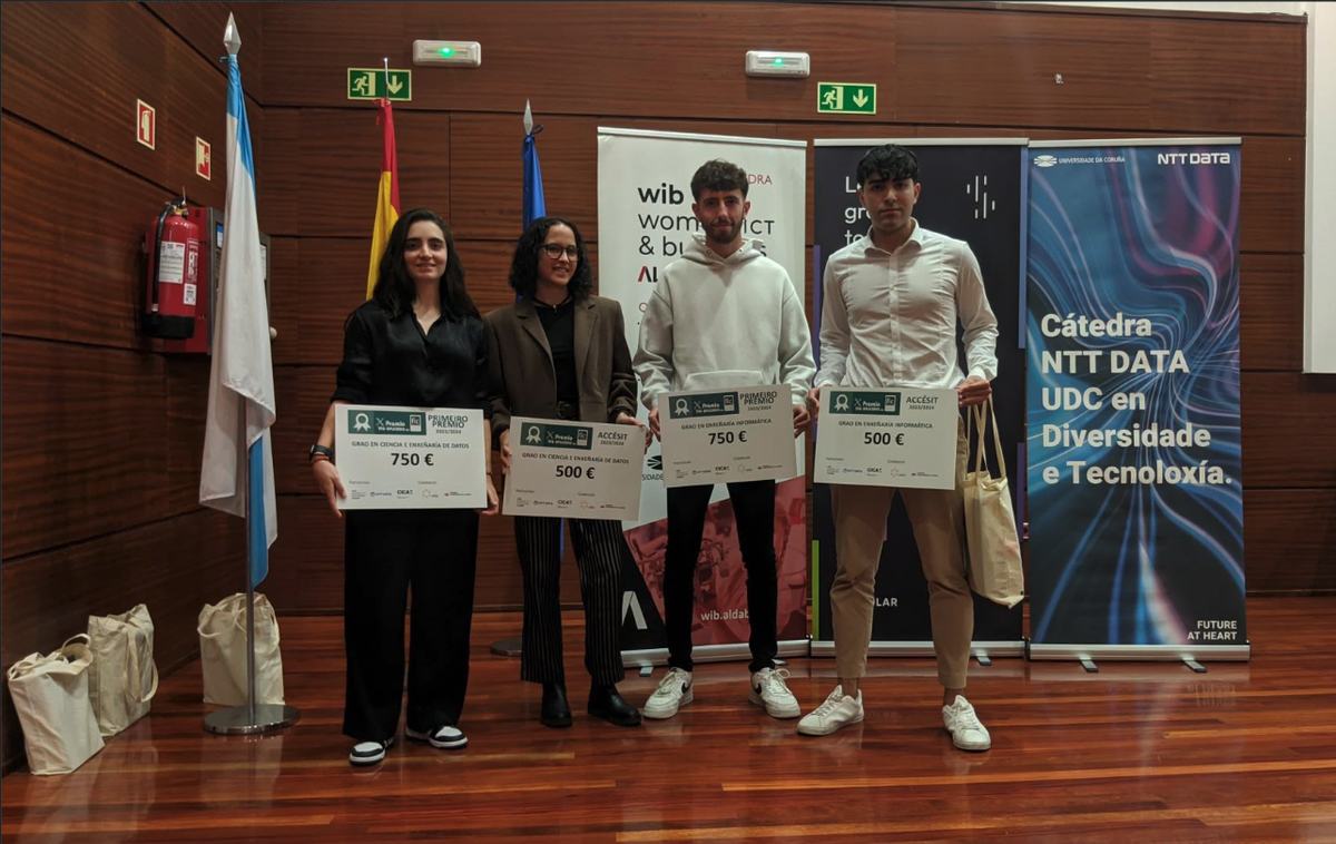 Award winners on stage at the School of Computer Science thesis awards, University of A Coruña, 2024