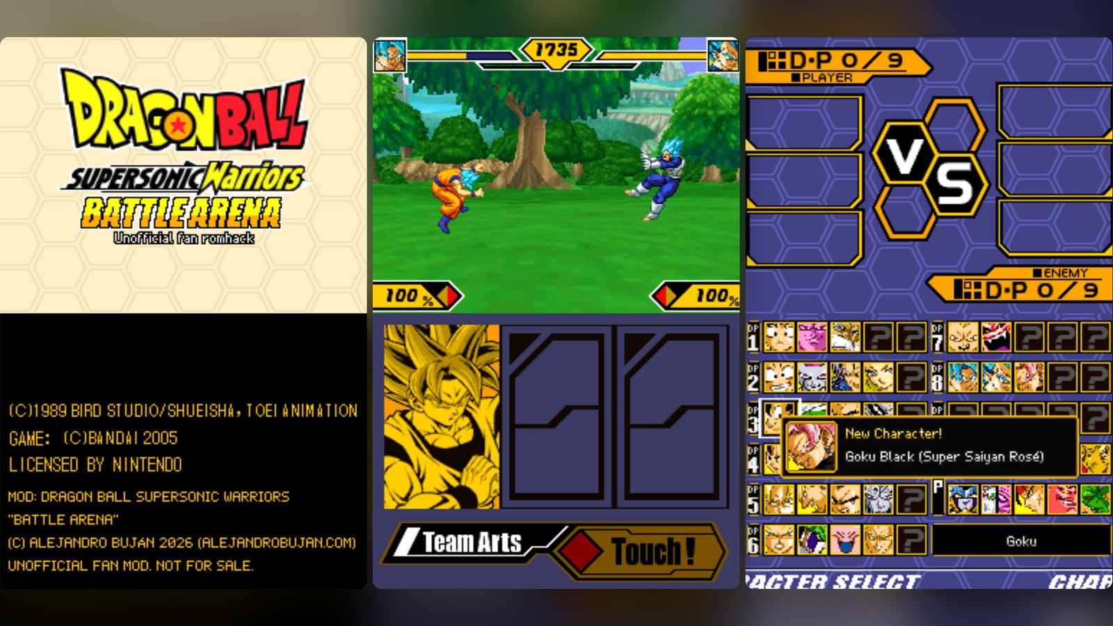 DBSW Battle Arena: title screen, battle and unlocked character